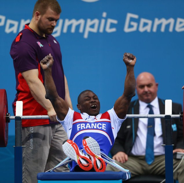 LONDON, ENGLAND - AUGUST 30: Patrick Ardon of France celebrates a successful lift in the Men's 48kg Powerlifting on day 1 of the London 2012 Paralympic Games at ExCel on August 30, 2012 in London, England. (Photo by Michael Steele/Getty Images)