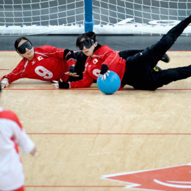 LONDON, ENGLAND - SEPTEMBER 07: Rie Urata of Japan and Akiko Adachi block the ball during their Women's Team Goalball Gold Medal match against China on day 9 of the London 2012 Paralympic Games at The Copper Box on September 7, 2012 in London, England. (Photo by Dennis Grombkowski/Getty Images)